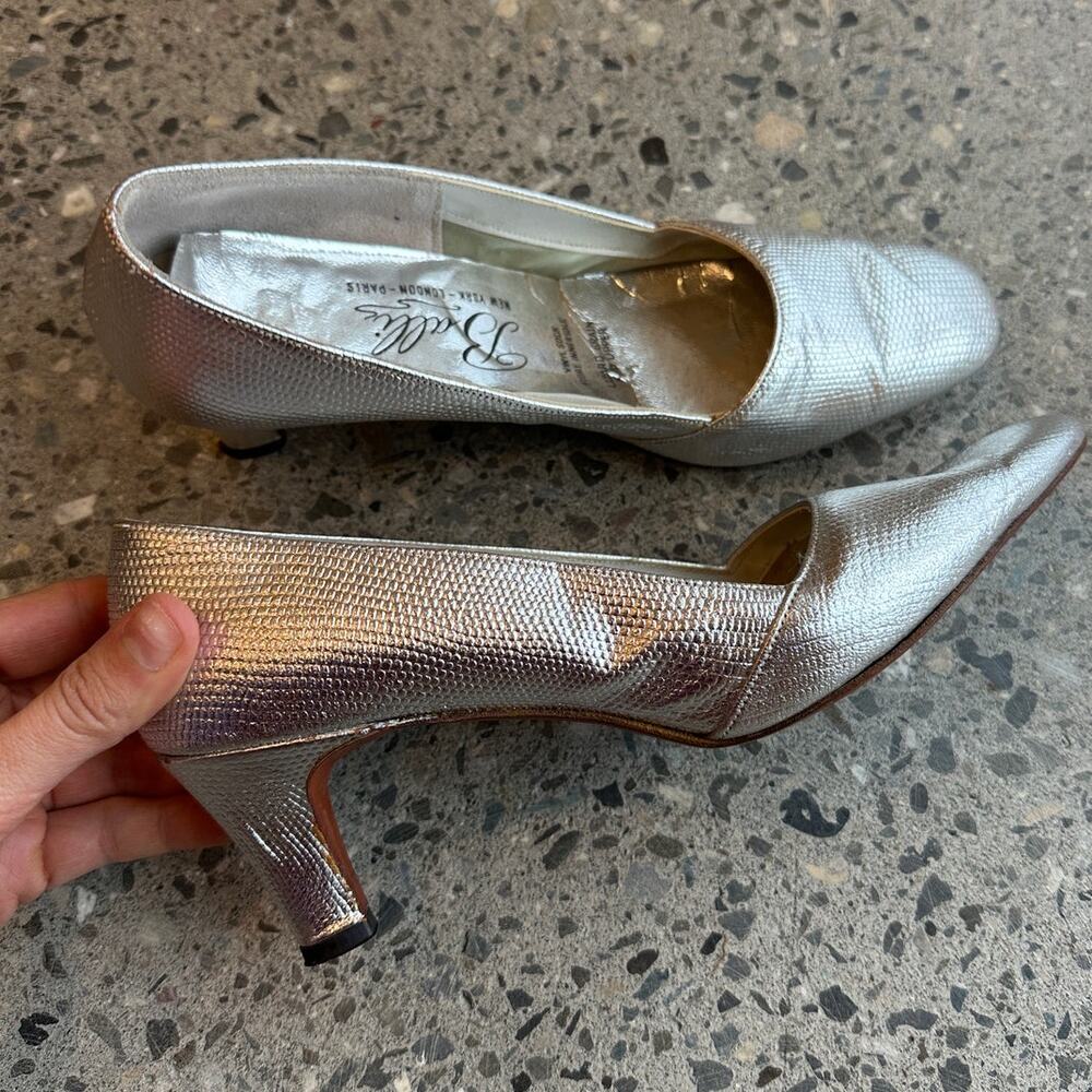 Balli Women’s 7 Heels Silver Metallic Textured Leather Heels Vintage Kitten